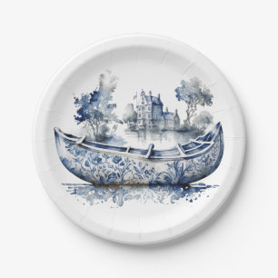Blauw-wit Delftse stijl boot met dorpscène Papieren Bordje