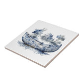 Blauw-wit Delftse stijl boot met dorpscène Tegeltje (Zijkant)