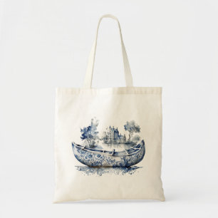 Blauw-wit Delftse stijl boot met dorpscène Tote Bag