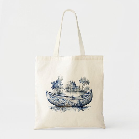 Blauw-wit Delftse stijl boot met dorpscène Tote Bag (Voorkant)