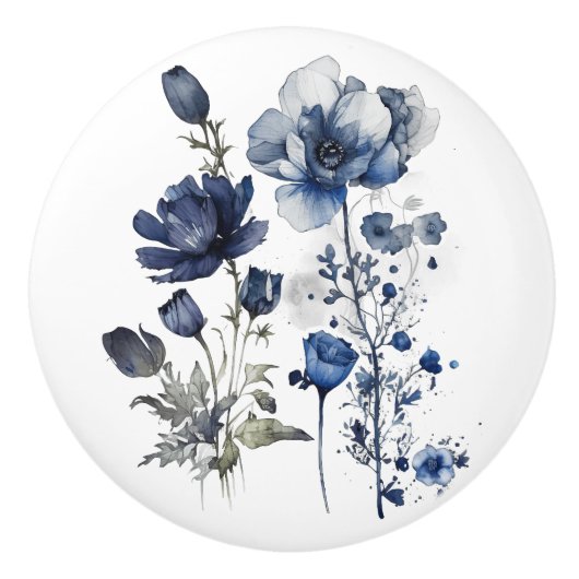 Blauw-wit Delftse stijl kunst met wilde bloemen Keramische Knop (Voorkant)