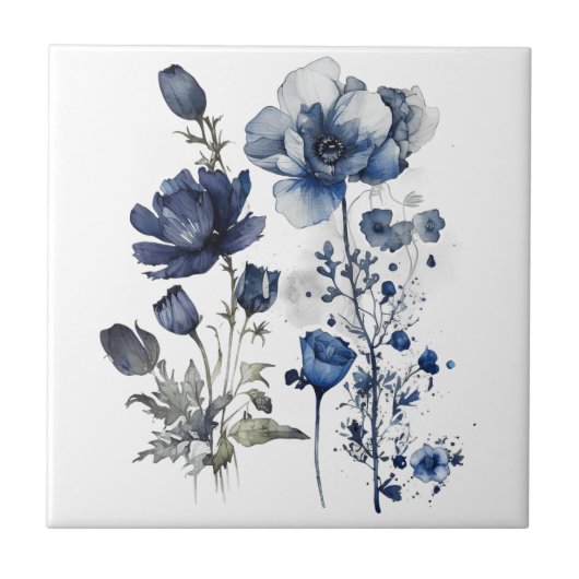Blauw-wit Delftse stijl kunst met wilde bloemen Tegeltje (Voorkant)