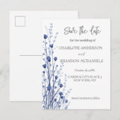 Blauw Wit Delicate Wildbloemen Bewaar de datum Aankondigingskaart (Voorkant / Achterkant)