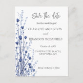 Blauw Wit Delicate Wildbloemen Bewaar de datum Aankondigingskaart (Voorkant)