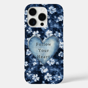Blauw Wit Denim Bloemen Hart iPhone 16 Pro Hoesje