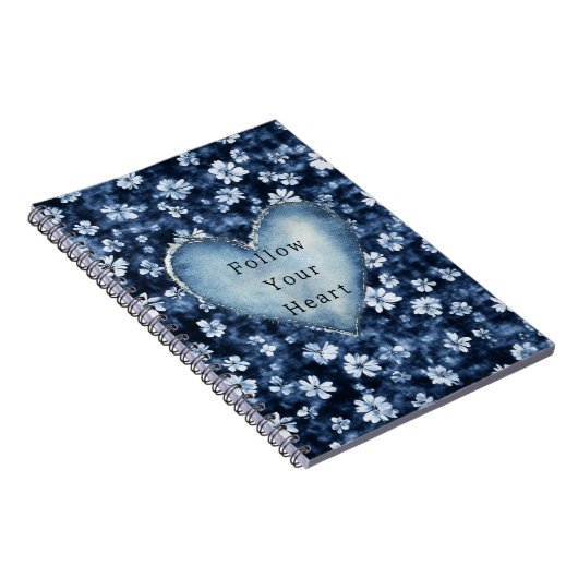 Blauw Wit Denim Bloemen Hart Notitieboek (Rechterzijde)