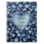 Blauw Wit Denim Bloemen Hart Notitieboek (Voorkant)