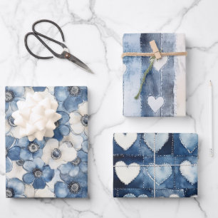 Blauw Wit Denim Bloemen Hartverjaardag Inpakpapier Vel