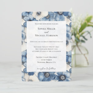Blauw Wit Denim Bloemen Trouwen Kaart
