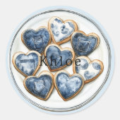 Blauw wit denim harten ronde sticker (Voorkant)