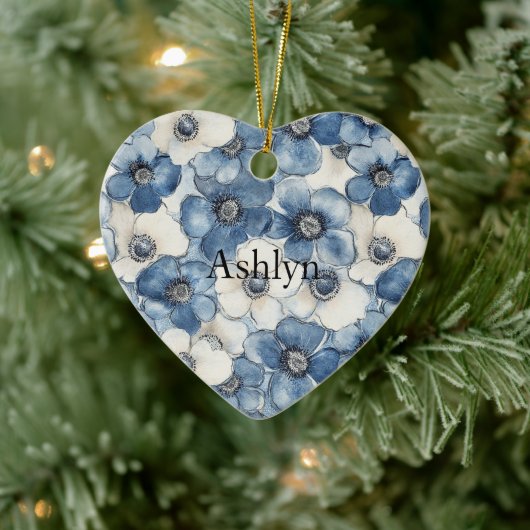 Blauw Wit Denim Heart Stripes Bloemen Kerst Keramisch Ornament (Boom)