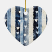Blauw Wit Denim Heart Stripes Bloemen Kerst Keramisch Ornament (Achterkant)