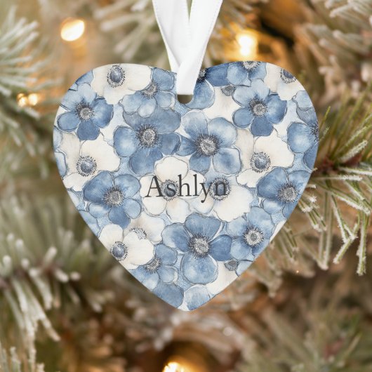 Blauw Wit Denim Heart Stripes Bloemen Kerst Ornament (Boom)