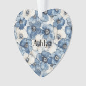 Blauw Wit Denim Heart Stripes Bloemen Kerst Ornament (voorkant)