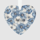 Blauw Wit Denim Heart Stripes Bloemen Kerst Ornament (voorkant)