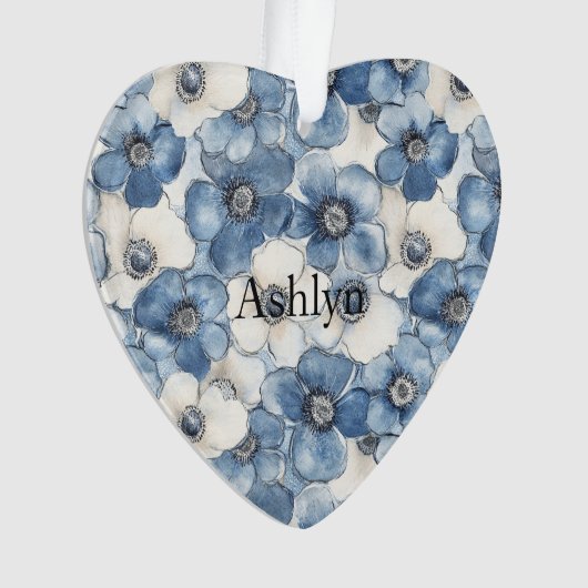 Blauw Wit Denim Heart Stripes Bloemen Kerst Ornament (voorkant)