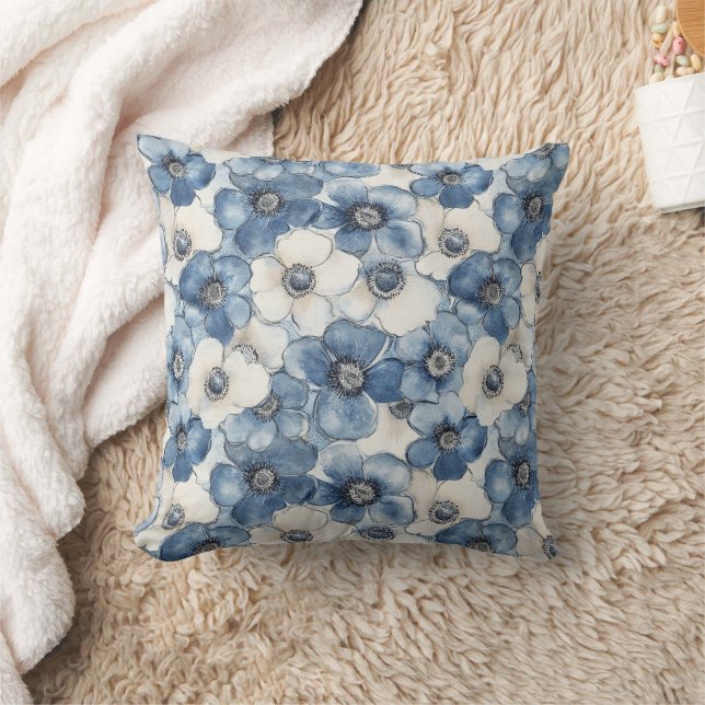 Blauw Wit Denim Heart Stripes Bloemen Kussen (Deken)