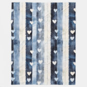 Blauw Wit Denim Heart Stripes Fleece Deken (Voorkant)
