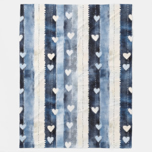 Blauw Wit Denim Heart Stripes Fleece Deken