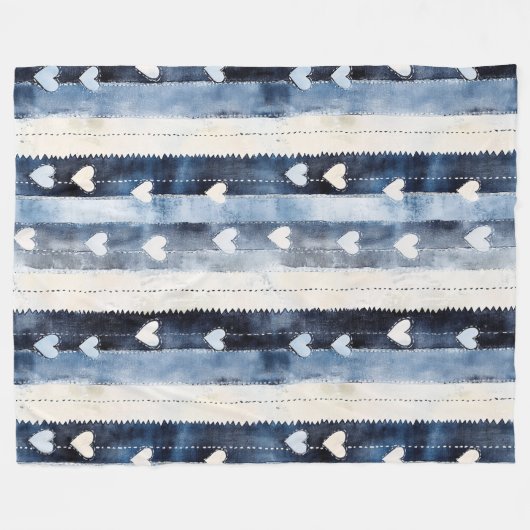 Blauw Wit Denim Heart Stripes Fleece Deken (Voorkant (Horizontaal))