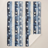 Blauw Wit Denim Heart Stripes Sherpa Deken (Voorkant)