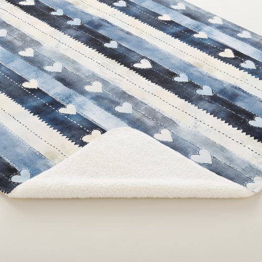 Blauw Wit Denim Heart Stripes Sherpa Deken (3/4)