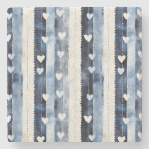 Blauw Wit Denim Heart Stripes Stenen Onderzetter