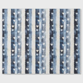 Blauw Wit Denim Heart Stripes Verjaardag Cadeaupapier (Vlak)