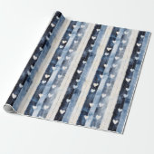 Blauw Wit Denim Heart Stripes Verjaardag Cadeaupapier (Uitgerold)