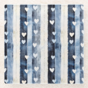 Blauw Wit Denim Heart Stripes Verjaardag Glazen Onderzetter