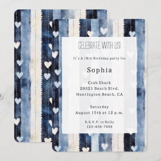 Blauw Wit Denim Heart Stripes Verjaardag Kaart (Voorkant / Achterkant)