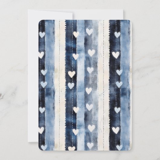 Blauw Wit Denim Heart Stripes Verjaardag Kaart (Achterkant)