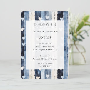 Blauw Wit Denim Heart Stripes Verjaardag Kaart