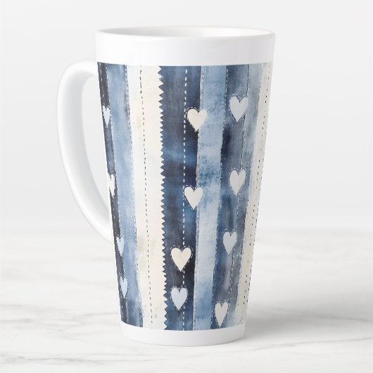 Blauw Wit Denim Heart Stripes Verjaardag Latte Mok (Linkerhoek)