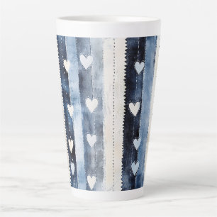 Blauw Wit Denim Heart Stripes Verjaardag Latte Mok