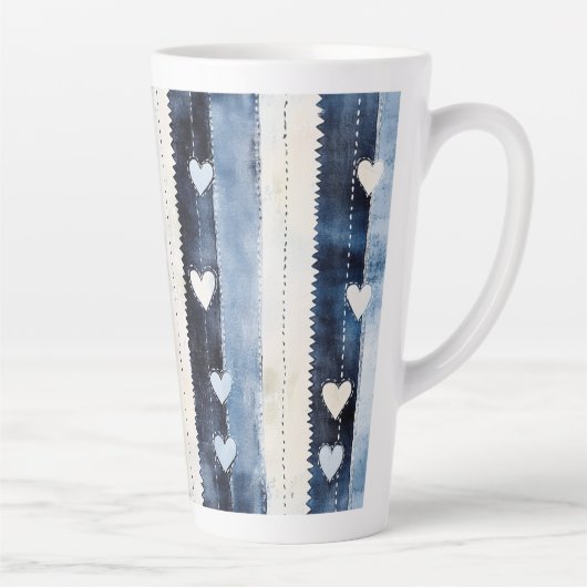 Blauw Wit Denim Heart Stripes Verjaardag Latte Mok (Rechts)