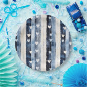 Blauw Wit Denim Heart Stripes Verjaardag Papieren Bordje (Feest)