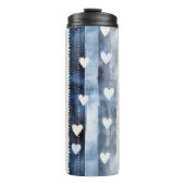 Blauw Wit Denim Heart Stripes Verjaardag Thermosbeker (Voorkant)