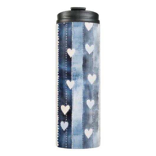 Blauw Wit Denim Heart Stripes Verjaardag Thermosbeker (Voorkant)