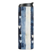 Blauw Wit Denim Heart Stripes Verjaardag Thermosbeker (Gedraaid links)