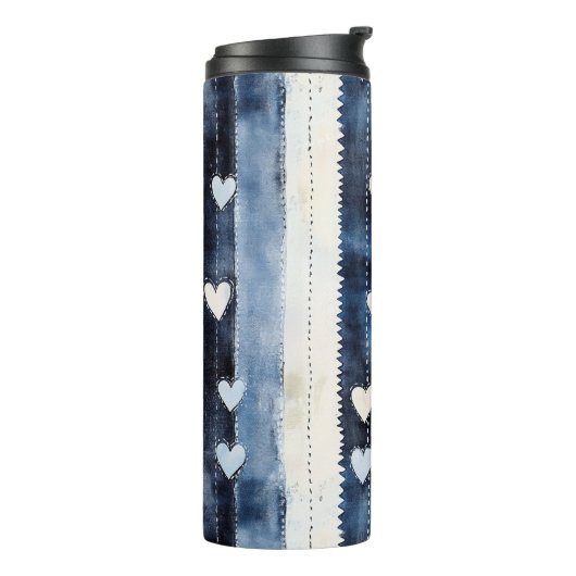 Blauw Wit Denim Heart Stripes Verjaardag Thermosbeker (Gedraaid links)