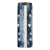 Blauw Wit Denim Heart Stripes Verjaardag Thermosbeker (Achterkant)
