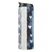 Blauw Wit Denim Heart Stripes Verjaardag Thermosbeker (Geroteerd rechts)