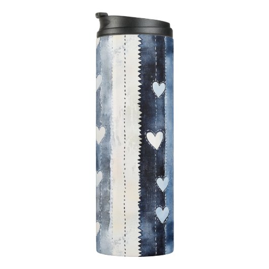 Blauw Wit Denim Heart Stripes Verjaardag Thermosbeker (Geroteerd rechts)