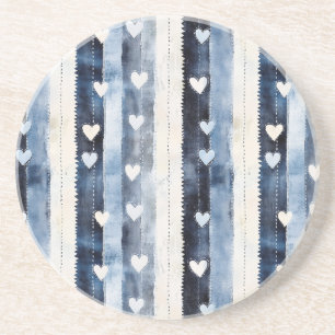 Blauw Wit Denim Heart Stripes Zandsteen Onderzetter