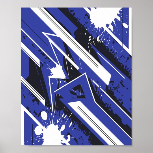 Blauw & Wit Diagonaal Gestreept met Verfspatten Poster (Voorkant)
