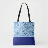 Blauw, wit diamantvormig patchwork kleurblok tote bag (Voorkant)