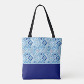 Blauw, wit diamantvormig patchwork kleurblok tote bag (Achterkant)