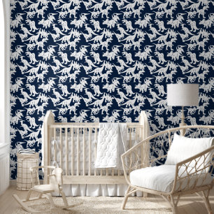 Blauw Wit Dinosaur Baby Boy Nursery Peel & Stick Behang