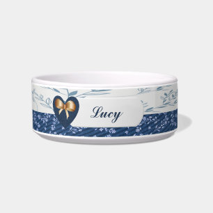 blauw/wit dog Bowl met hart en kabel Voerbakje